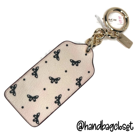 Coach Butterfly White Chalk Black Leather Keychain Key Charm NWT F59863 Gold - Picture 3 of 4